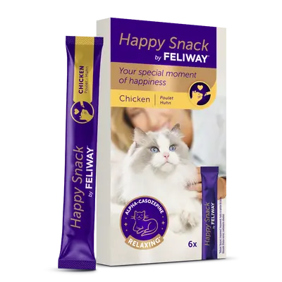 FELIWAY Happy Snack Chicken - Лакомство за котки с успокояващо действие, с пилешко – 6 броя в кутия