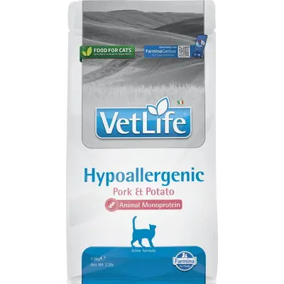 Farmina Vet Life Feline Hypoallergenic Pork & Potato - Пълноценна храна за котки за намаляване на непоносимостта към някои съставки и хранителни вещества - 1,5 кг