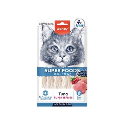 Wanpy Cat Superfoods - Кремообразно лакомство за котки с вкус на риба тон и горски плодове, 5х14 г