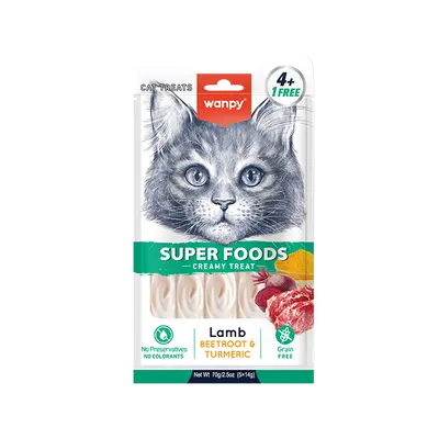 Wanpy cat Superfoods - Кремообразно лакомство за котки с вкус на агнешко и куркума, 5х14 г