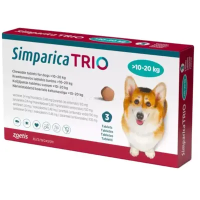 Simparica Trio / Симпарика Трио 10 - 20 кг - за вътрешно и външно обезпаразитяване на кучета - КУТИЯ (3 бр. таб)
