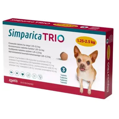 Simparica Trio / Симпарика Трио 1.35-2.5 кг - за вътрешно и външно обезпаразитяване на кучета - КУТИЯ (3 бр. таб)