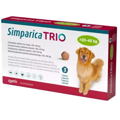 Simparica Trio / Симпарика Трио 20 - 40 кг - за вътрешно и външно обезпаразитяване на кучета - КУТИЯ (3 бр. таб)