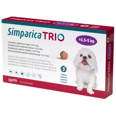 Simparica Trio / Симпарика Трио 2.5 - 5 кг - за вътрешно и външно обезпаразитяване на кучета - КУТИЯ (3 бр. таб)