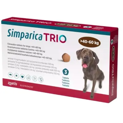 Simparica Trio / Симпарика Трио 40 - 60 кг - за вътрешно и външно обезпаразитяване на кучета - КУТИЯ (3 бр. таб)