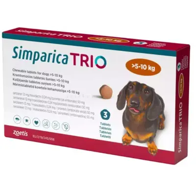 Simparica Trio / Симпарика Трио 5 - 10 кг - за вътрешно и външно обезпаразитяване на кучета - КУТИЯ (3 бр. таб)