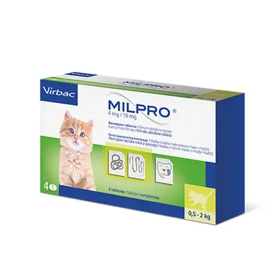 Virbac Milpro for Cats 4 mg / 10 mg - овкусени таблетки за вътрешно обезпаразитяване на котки и котенца до 2 кг  - кутия с 4 таблетки