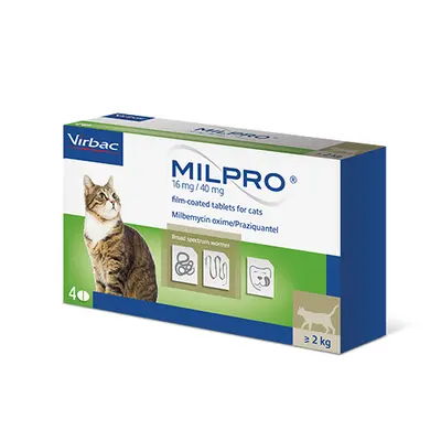 Virbac Milpro for Cats 16 mg / 40 mg - овкусени таблетки за вътрешно обезпаразитяване на котки над 2 кг  - кутия с 4 таблетки