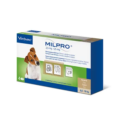 Virbac Milpro for Dogs 2,5 mg / 25 mg - овкусени таблетки за вътрешно обезпаразитяване на кучета и кученца до 5 кг  - кутия с 4 таблетки