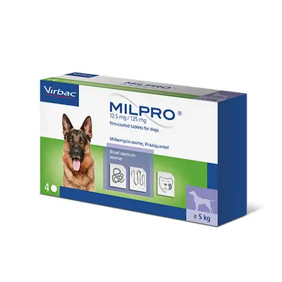 Virbac Milpro for Dogs 12,5 mg / 125 mg - овкусени таблетки за вътрешно обезпаразитяване на кучета над 5 кг  - кутия с 4 таблетки