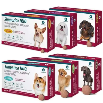 Simparica Trio / Симпарика Трио 1.35-2.5 кг - за вътрешно и външно обезпаразитяване на кучета - КУТИЯ (3 бр. таб)