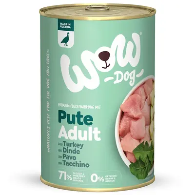 WOW Dog Adult turkey with courgette and dandelion - За кучета в зряла възраст с пуешко, тиквичка и глухарче - консерва 400 г