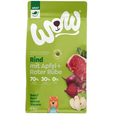 WOW Dog Adult beef with apple and red beets - Суха храна за кучета с говеждо, ябълка и червено цвекло - 1 кг