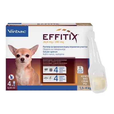 Virbac Effitix spot-on XS 1,5-4 kg – противопаразитни пипети за кучета с репелентно действие и защита срещу четири основни паразита, кутия с 4 броя пипети - СРОК 30.09.2026