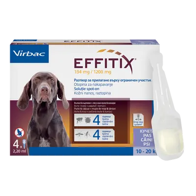 Virbac Effitix spot-on M 10-20 kg – противопаразитни пипети за кучета с репелентно действие и защита срещу четири основни паразита, кутия с 4 броя пипети - СРОК 31.12.2026