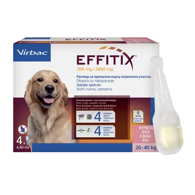 Virbac Effitix spot-on L 20-40 kg – противопаразитни пипети за кучета с репелентно действие и защита срещу четири основни паразита, кутия с 4 броя пипети