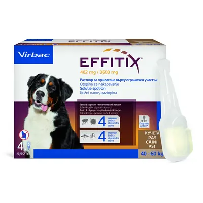 Virbac Effitix spot-on XL 40-60 kg – противопаразитни пипети за кучета с репелентно действие и защита срещу четири основни паразита, кутия с 4 броя пипети - СРОК 31.08.2026