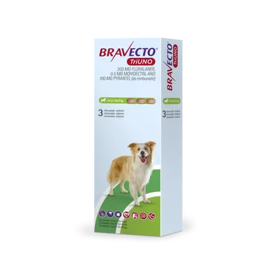 Bravecto TriUno / Бравекто ТриУно 10-20 кг - за вътрешно и външно обезпаразитяване на кучета - КУТИЯ (3 бр. таб)
