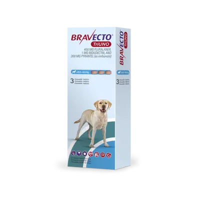 Bravecto TriUno / Бравекто ТриУно 20-40 кг - за вътрешно и външно обезпаразитяване на кучета - КУТИЯ (3 бр. таб)