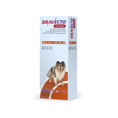 Bravecto TriUno / Бравекто ТриУно 5 - 10 кг - за вътрешно и външно обезпаразитяване на кучета - КУТИЯ (3 бр. таб)