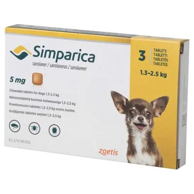 Simparica 5 мг. - дъвчащи таблетки за кучета с тегло 1.3 - 2.5 кг. / кутия 3 броя /