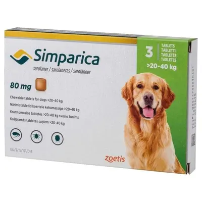 Simparica 80 мг. - дъвчащи таблетки за кучета с тегло 20 - 40 кг. / кутия 3 броя /