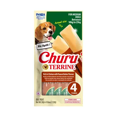 Churu Terrine - Лакомство за кучета от средни породи с пиле и фъстъчено масло 4 х 30 г