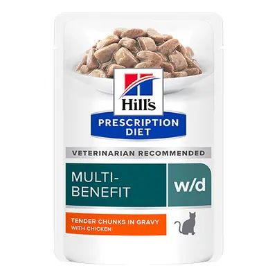 Hill's PRESCRIPTION DIET w/d Multi Benefit pouch - лечебна мокра храна за котки за котки с колит, запек, мегаколон и за поддържане на телесно тегло и регулиранена липидния метаболизъм при хиперлипидемия - 12 бр x 85 г