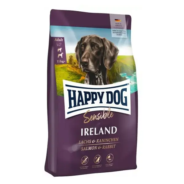 Happy Dog Sensible Ireland - Пълноценна суха храна със заешко и сьомга за нормално активни, пораснали кучета над 11 кг