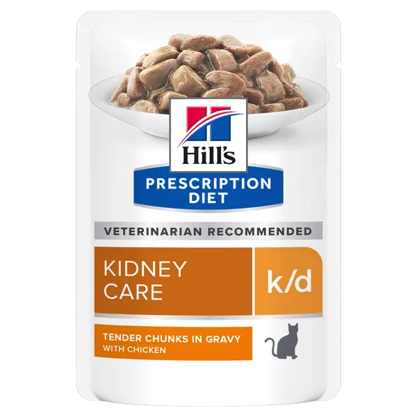 Hill's PRESCRIPTION DIET k/d Kidney Care pouch - лечебна мокра храна за котки с бъбречна недостатъчност, пауч с пилешко 12 бр x  85 г