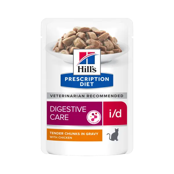 Hill's PRESCRIPTION DIET i/d Digestive Care AB+ Pouch - лечебна мокра храна за котки с храносмилателни разстройства и за възстановяване, пауч с пилешко - 12 бр x 85 г