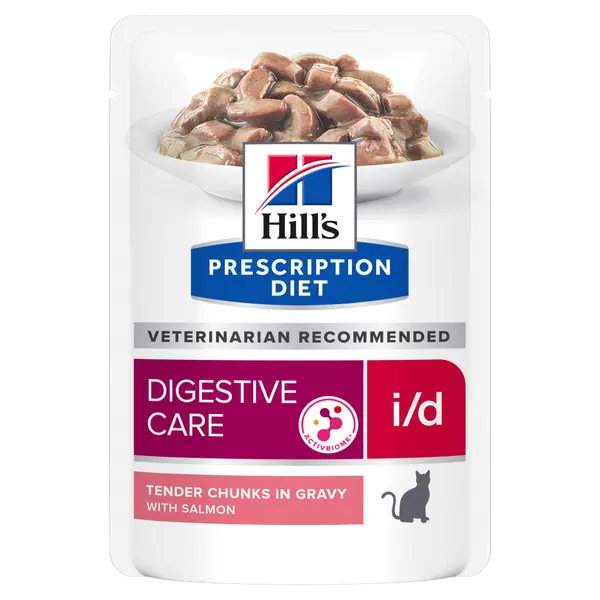 Hill's PRESCRIPTION DIET i/d Digestive Care AB+ Pouch - лечебна мокра храна за котки с храносмилателни разстройства и за възстановяване, пауч със сьомга - 12 бр x 85 г