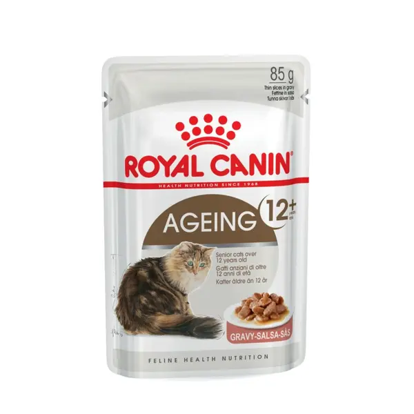 Royal Canin Ageing 12+ - Пълноценна мокра храна за котки над 12 години, хапки в сос - пауч 12х85г