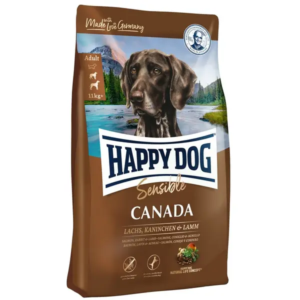 Happy Dog Sensible Canada - Пълноценна суха храна за кучета със заешко, сьомга, агнешко и картофи без глутен