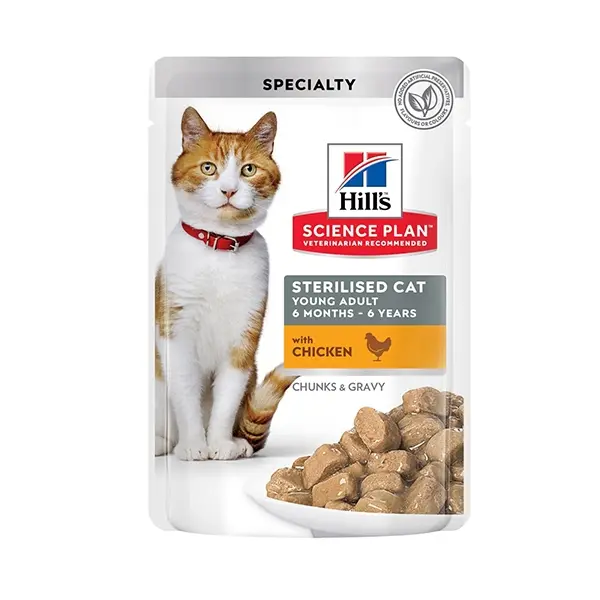 Hill's Science Plan Feline Young Adult Sterilised CHICKEN - паучове с пилешко - малки късчета в сос Грейви за млади кастрирани котки от 6 месеца до 6 години 12 бр. x 85 гр.