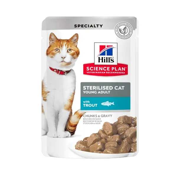 Hill's Science Plan Feline Young Adult Sterilised TROUT - паучове с пъстърва - малки късчета в сос Грейви за млади кастрирани котки от 6 месеца до 6 години. 12 бр. x 85 гр.