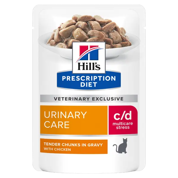 Hill's PRESCRIPTION DIET c/d Urinary Stress Chicken Pouch - лечебна мокра храна за котки с уринарни проблеми, идиопатичен цистит – пауч с пилешко - 12 бр х 85 г