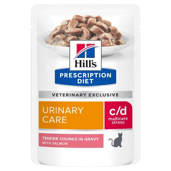Hill's PRESCRIPTION DIET c/d Urinary Stress Salmon Pouch - лечебна мокра храна за котки с уринарни проблеми, идиопатичен цистит – пауч със сьомга -12 бр х 85 г