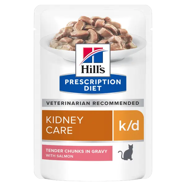 Hill's PRESCRIPTION DIET k/d Kidney Care pouch - лечебна мокра храна за котки с бъбречна недостатъчност, пауч със сьомга - 12 бр x  85 г