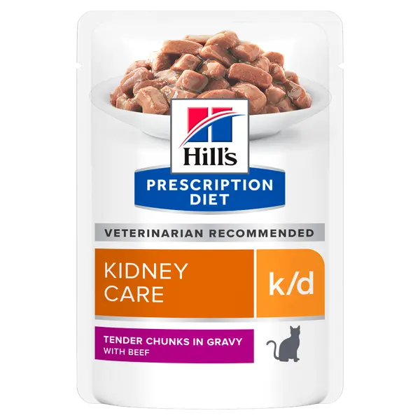 Hill's PRESCRIPTION DIET k/d Kidney Care pouch - лечебна мокра храна за котки с бъбречна недостатъчност, пауч с телешко - 12 бр x  85 г