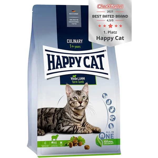 Happy Cat Culinary Adult Pasture-raised Lamm - суха храна за чувствителни котки с агнешко, грах, картофи, яйца, ориз, контрол на образуване на космените топки