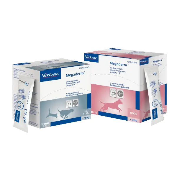Virbac Megaderm - Овкусени сашета за здрава кожа и козина, за кучета и котки под 10 кг - кутия с 28 сашета х 4 мл