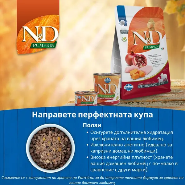 N&D Pumpkin Chicken&Pomegranate Adult Mini - суха храна за кучета с пиле и нар