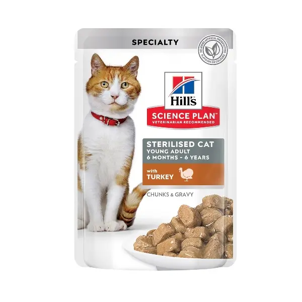 Hill's Science Plan Feline Young Adult Sterilised TURKEY - паучове с пуйка - малки късчета в сос Грейви за млади кастрирани котки от 6 месеца до 6 години. 12 бр. x 85 гр.