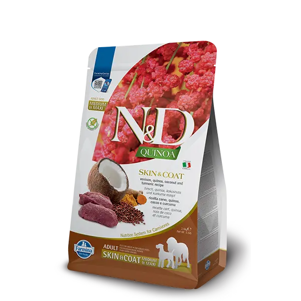N&D Quinoa Skin & Coat with Venison for adult MEDIUM & MAXI dog – суха храна без зърнени култури за здрава кожа и козина, за кучета над 1 година от средни и едри породи, с еленско, киноа, кокос и куркума  - 7 кг.