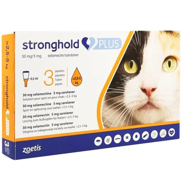 Stronghold Plus 30 mg - за котки с тегло от 2.5 кг до 5 кг - 3 пипети