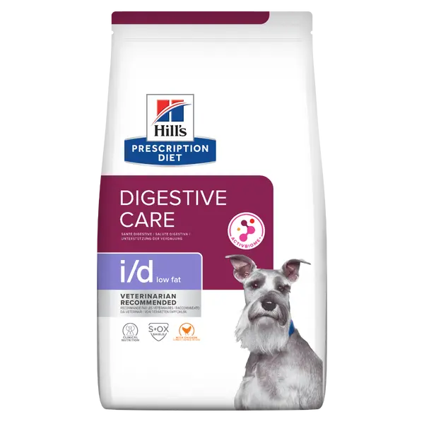 Hill's PRESCRIPTION DIET i/d Low Fat AB+ - лечебна суха храна за кучета с храносмилателни разстройства, панкреатит или състояния, изискващи ниски нива на мазнини, с пилешко - 10+2 кг