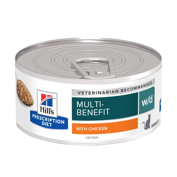 Hill's PRESCRIPTION DIET w/d Multi-Benefit - лечебна мокра храна за котки с диабет, за регулиране на кръвната захар, теглото и храносмилането, консерва с пилешко 156 г