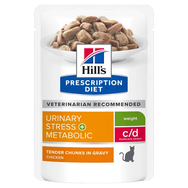 Hill's PRESCRIPTION DIET c/d Metabolic + Urinary Stress Pouch - лечебна мокра храна за котки с наднормено тегло и уринарни проблеми или идиопатичен цистит – пауч с пилешко 12 бр х 85 г
