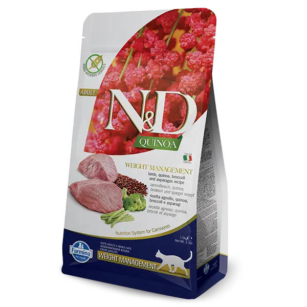 N&D Cat Quinoa Weight Manegement  - суха храна за котки с агнешко, киноа, броколи и аспержи